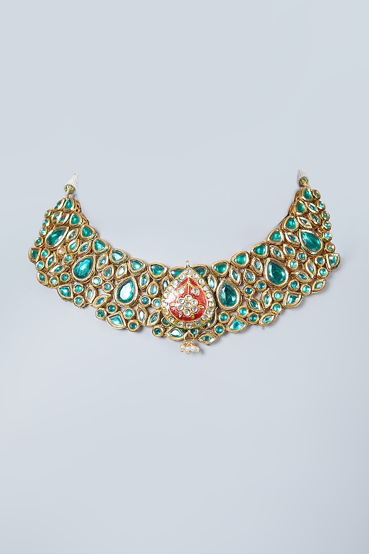 Gold Plated Green Stone Choker Necklace by Just Shraddha