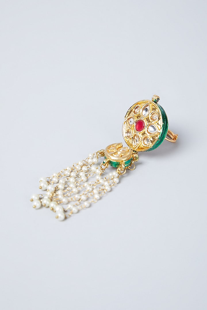 Gold Plated Ruby & Pearls Tassel Ring by Just Shraddha