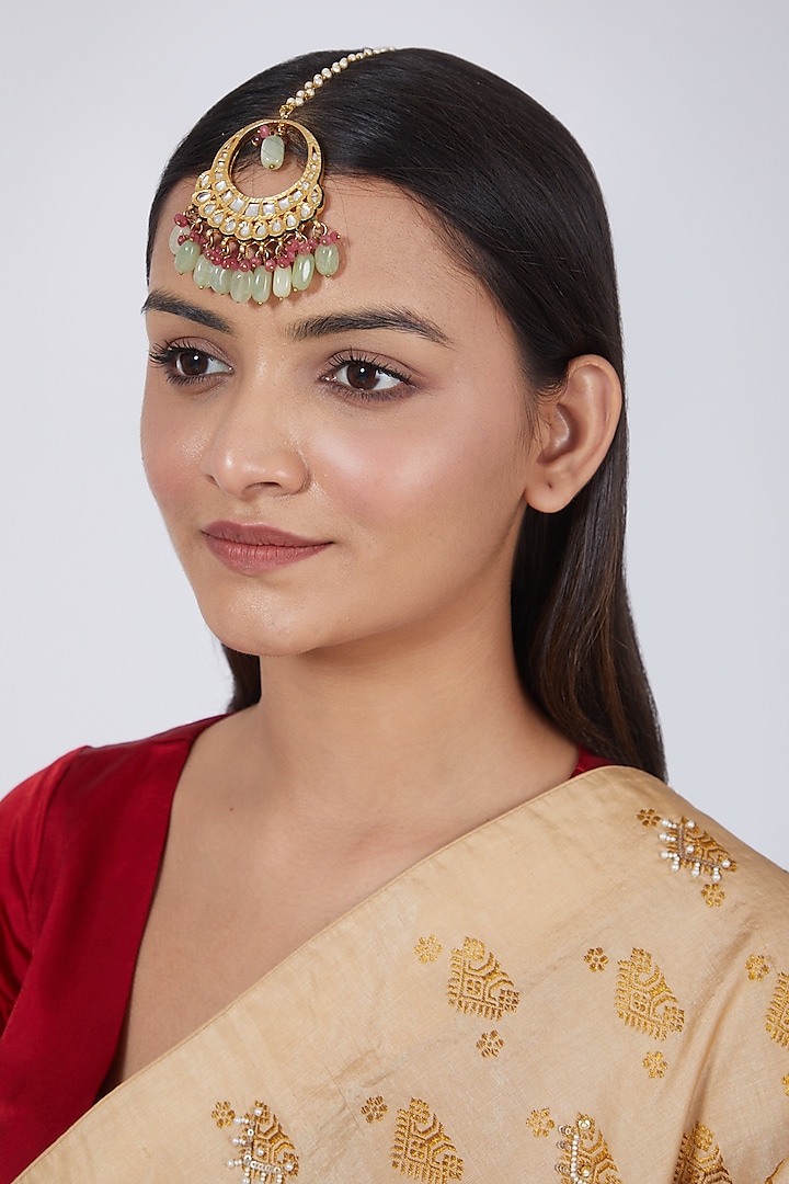 Gold Plated Mint Green & Light Red Beaded Maang Tikka by Just Shraddha