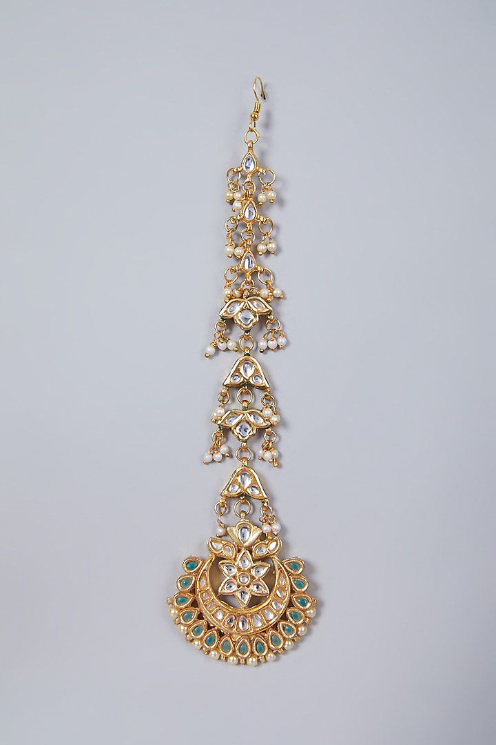 Gold Plated Pearl Maang Tikka by Just Shraddha at Pernia's Pop Up Shop