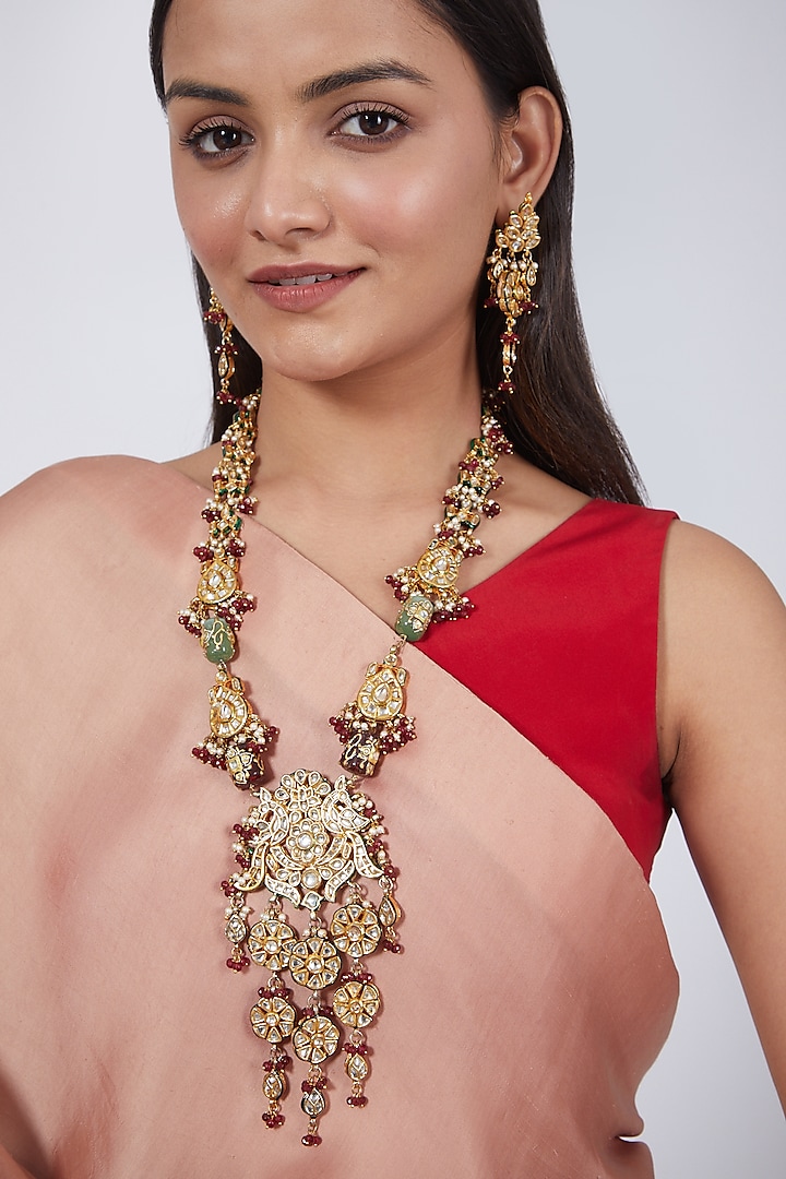Gold Plated Kundan Polki Motifs Necklace Set by Just Shraddha