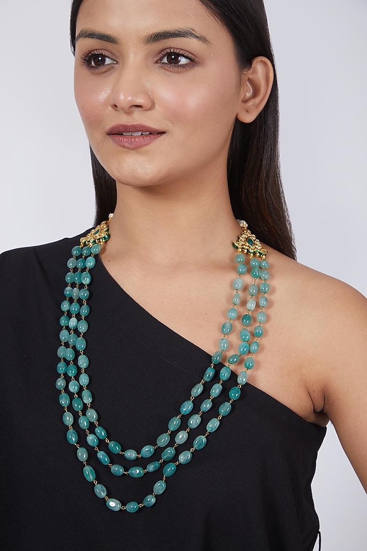 Gold Plated Green Beaded Long Necklace by Just Shraddha at Pernia's Pop Up Shop