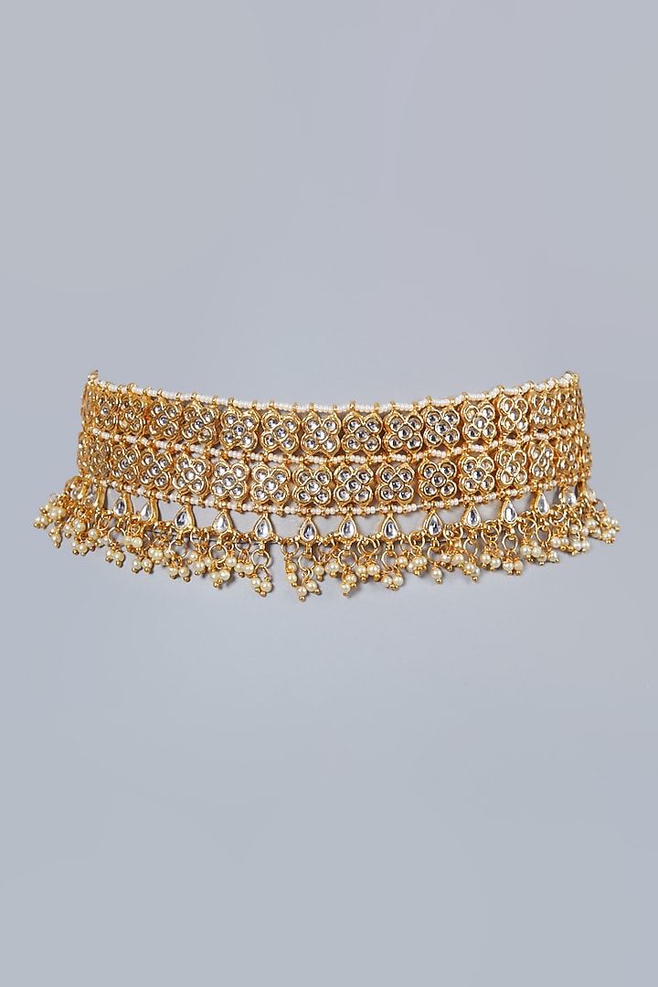 Gold Plated Kundan Polki & Pearl Choker Necklace by Just Shraddha at Pernia's Pop Up Shop