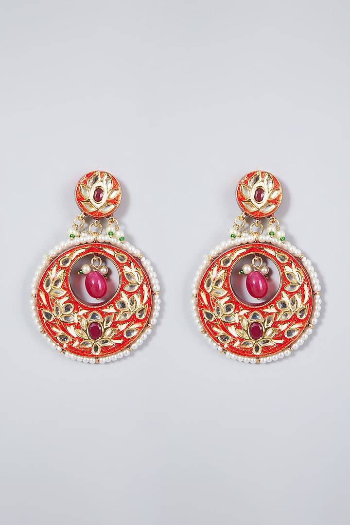 Gold Plated Red Meenakari Chandbali Earrings by Just Shraddha at Pernia's Pop Up Shop