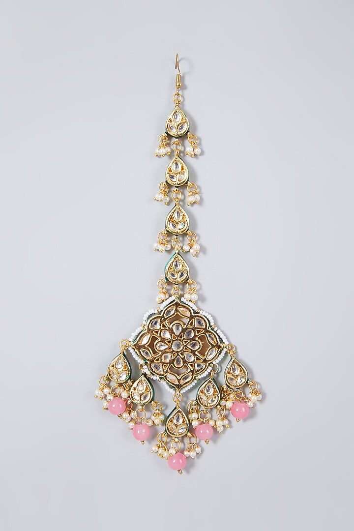 Gold Plated Kundan Polki & Beaded Maang Tikka by Just Shraddha at Pernia's Pop Up Shop