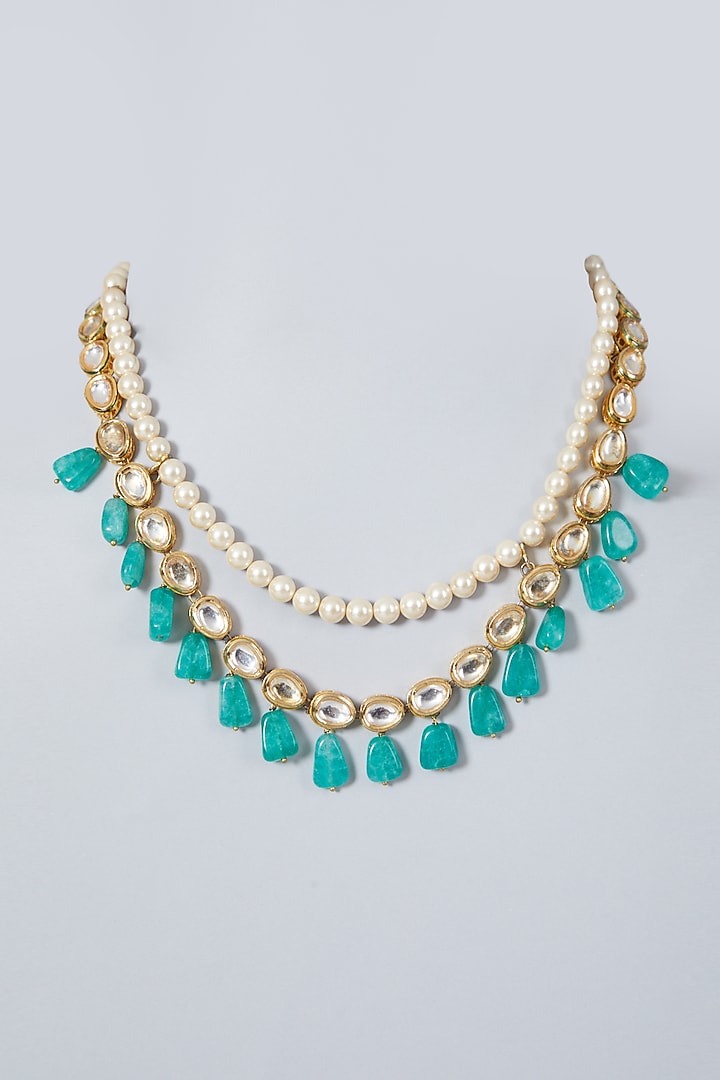Gold Plated Kundan Polki & Green Beaded Necklace by Just Shraddha at Pernia's Pop Up Shop