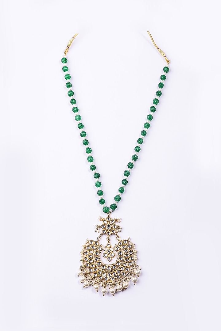 Gold Plated Kundan Polki & Green Beaded Long Necklace by Just Shraddha at Pernia's Pop Up Shop