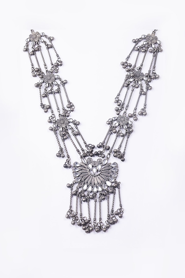Oxidised Silver Finish Long Necklace With Tassels by Just Shraddha