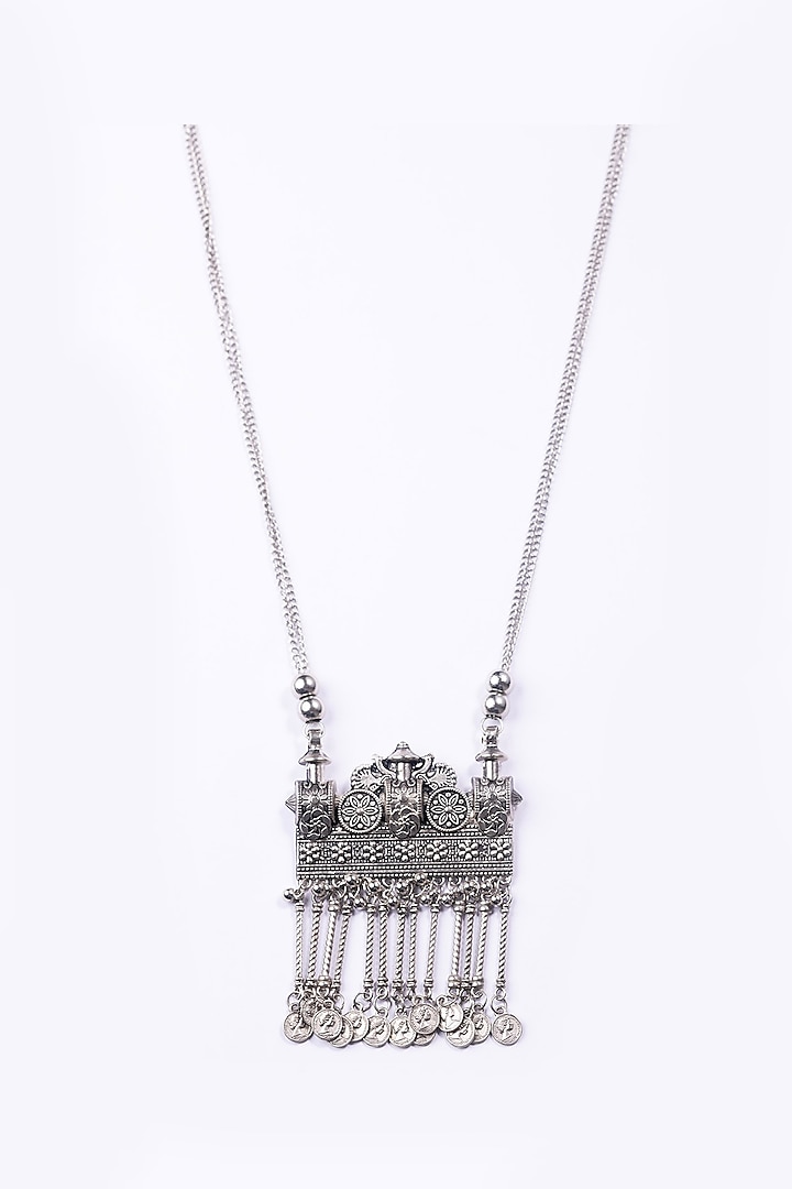 Oxidised Silver Finish Long Pendant Necklace With Tassels by Just Shraddha at Pernia's Pop Up Shop