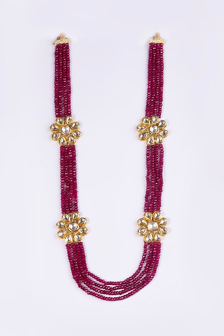 Gold Plated Kundan Polki & Ruby Beaded Long Necklace by Just Shraddha