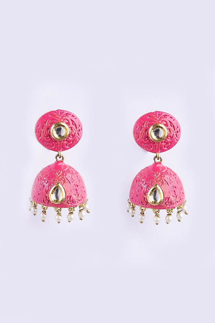 Gold Plated Pink Kundan Polki Jhumka Earrings by Just Shraddha