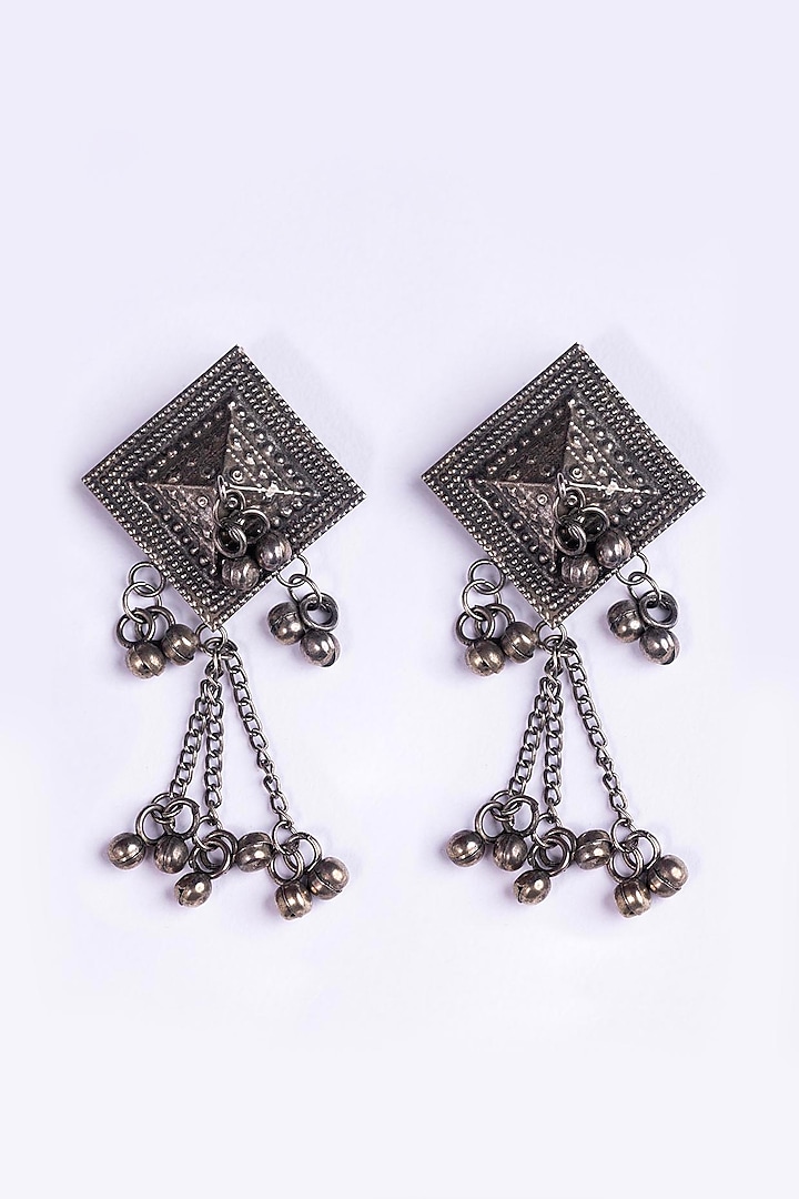 Oxidised Silver Finish Tasseled Dangler Earrings by Just Shraddha