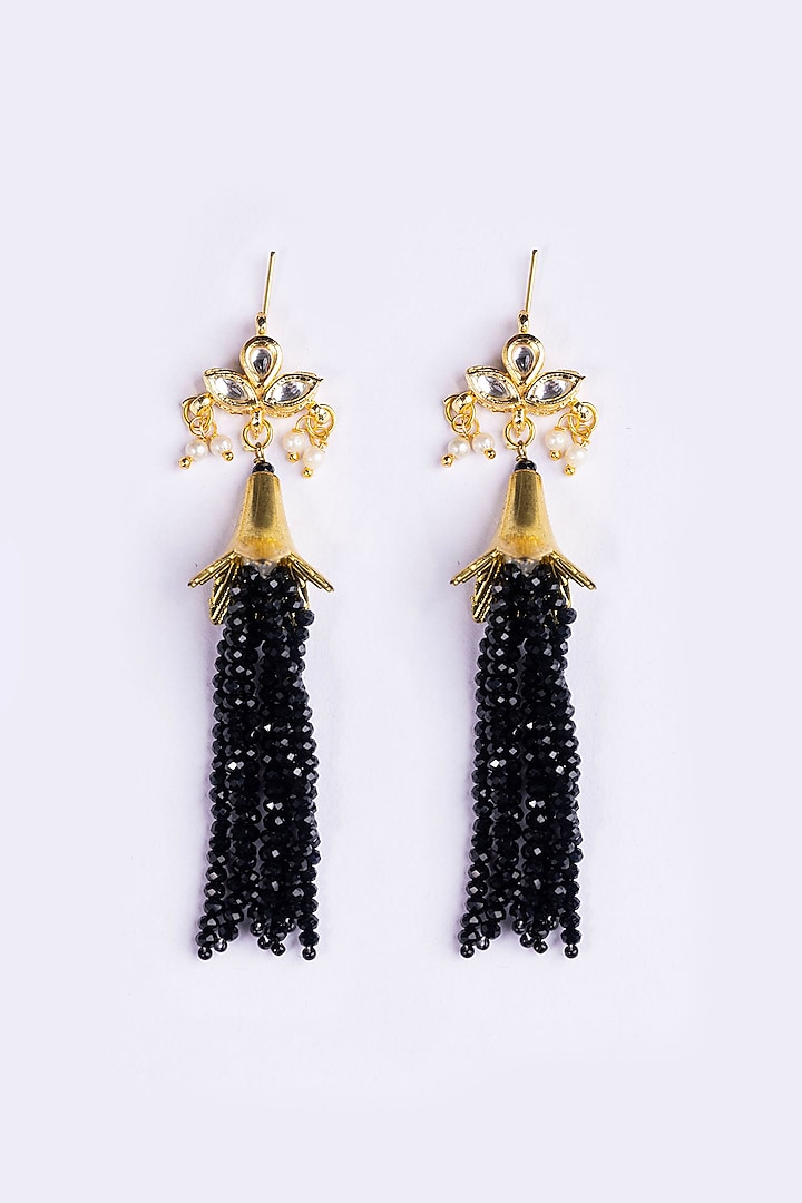 Gold Plated Kundan Polki & Black Beaded Dangler Earrings by Just Shraddha at Pernia's Pop Up Shop