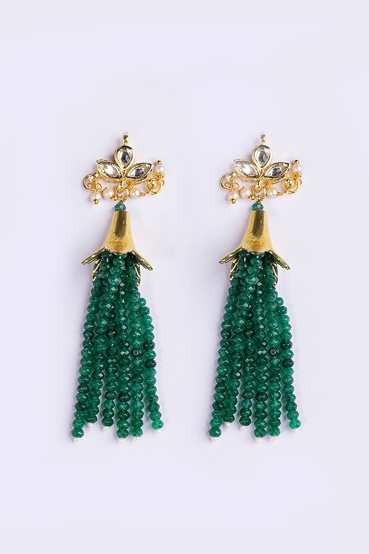 Gold Plated Kundan Polki & Green Beaded Dangler Earrings by Just Shraddha at Pernia's Pop Up Shop