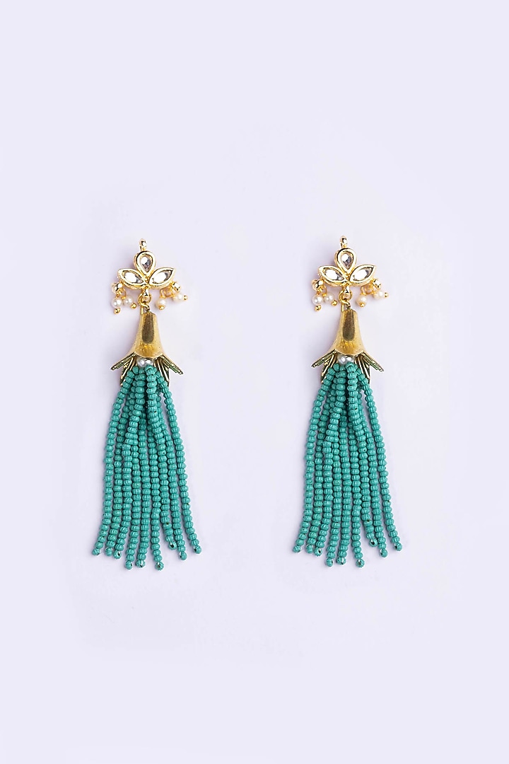 Gold Plated Kundan Polki & Turquoise Beaded Dangler Earrings by Just Shraddha at Pernia's Pop Up Shop