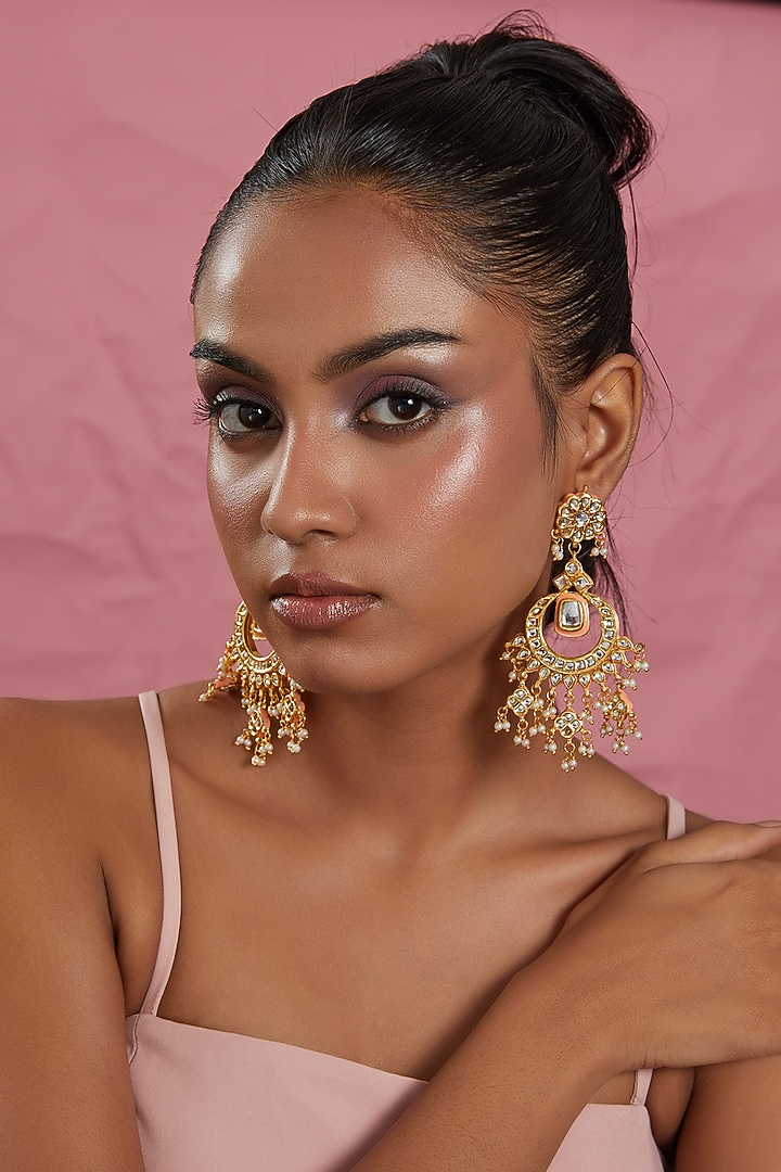 Gold Plated Kundan & Peach Chandbali Earrings by Just Shraddha at Pernia's Pop Up Shop