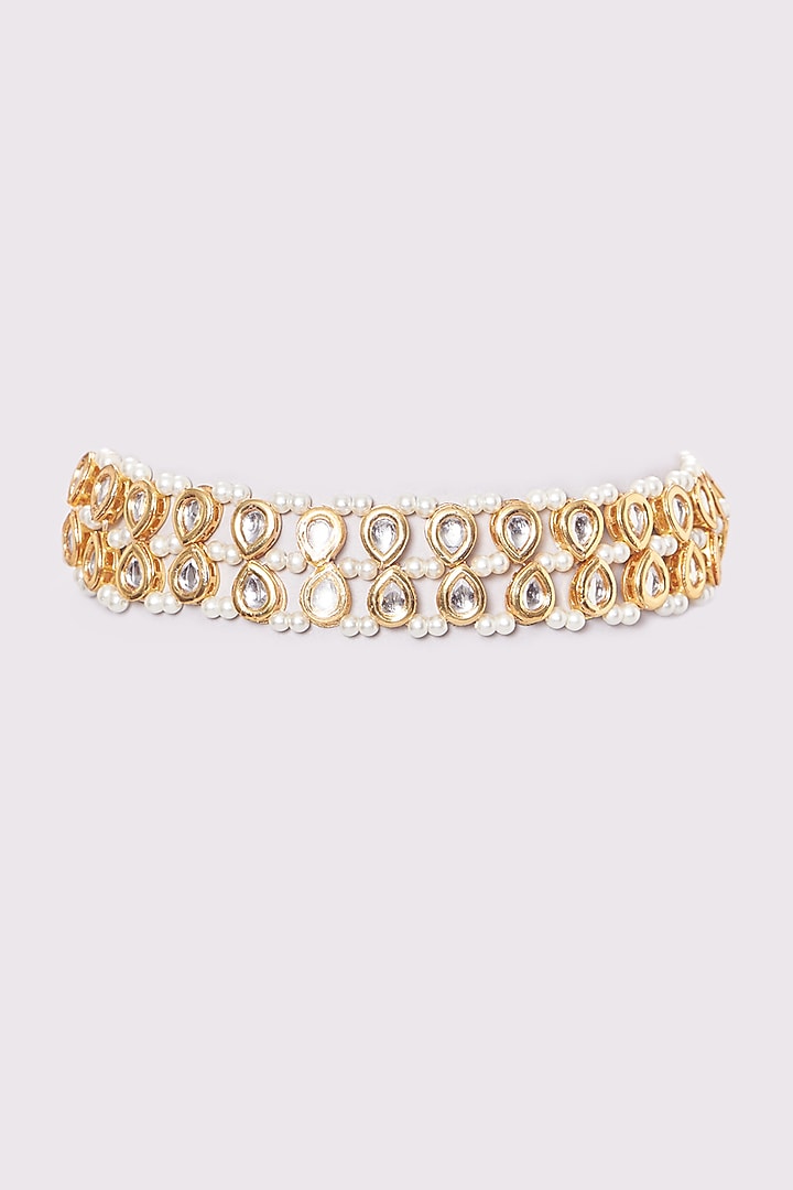 Gold Plated Kundan Polki & Pearl Choker Necklace by Just Shraddha at Pernia's Pop Up Shop
