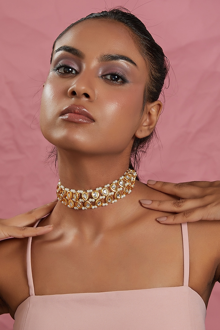Gold Plated Kundan Polki & Pearl Choker Necklace by Just Shraddha at Pernia's Pop Up Shop