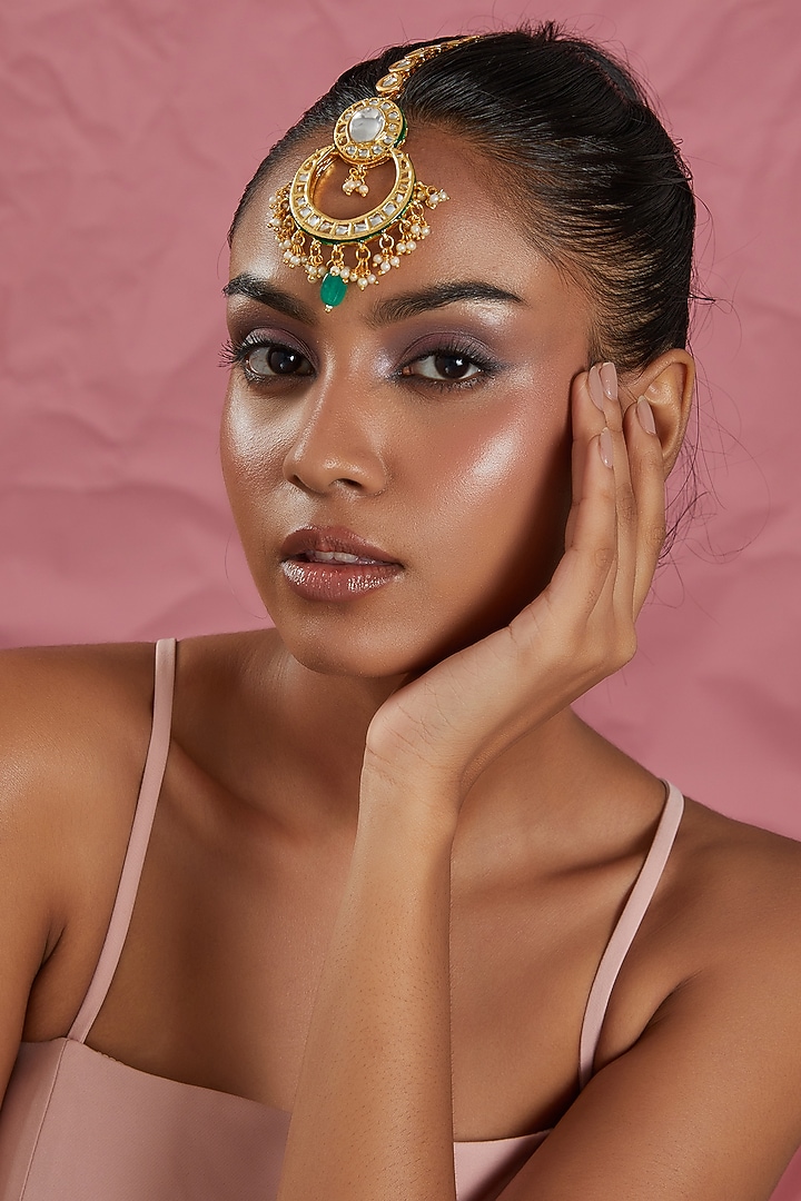 Gold Plated Kundan Polki Maang Tikka by Just Shraddha at Pernia's Pop Up Shop