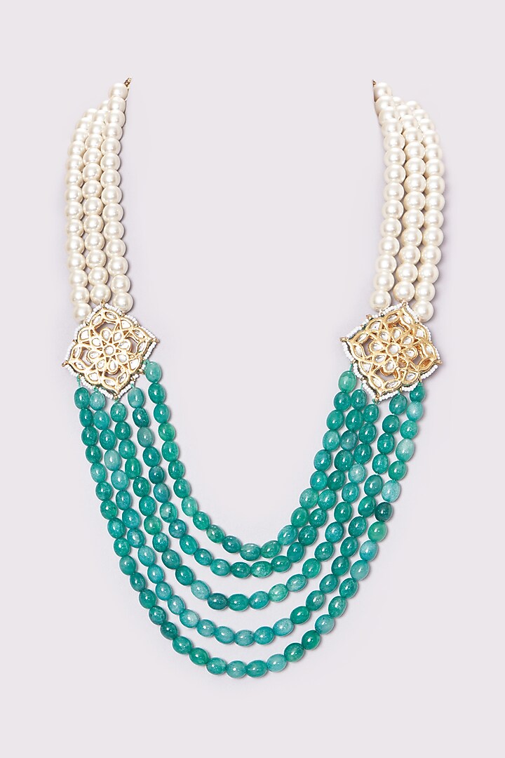 Gold Plated Pearl & Green Beaded Long Mala by Just Shraddha at Pernia's Pop Up Shop