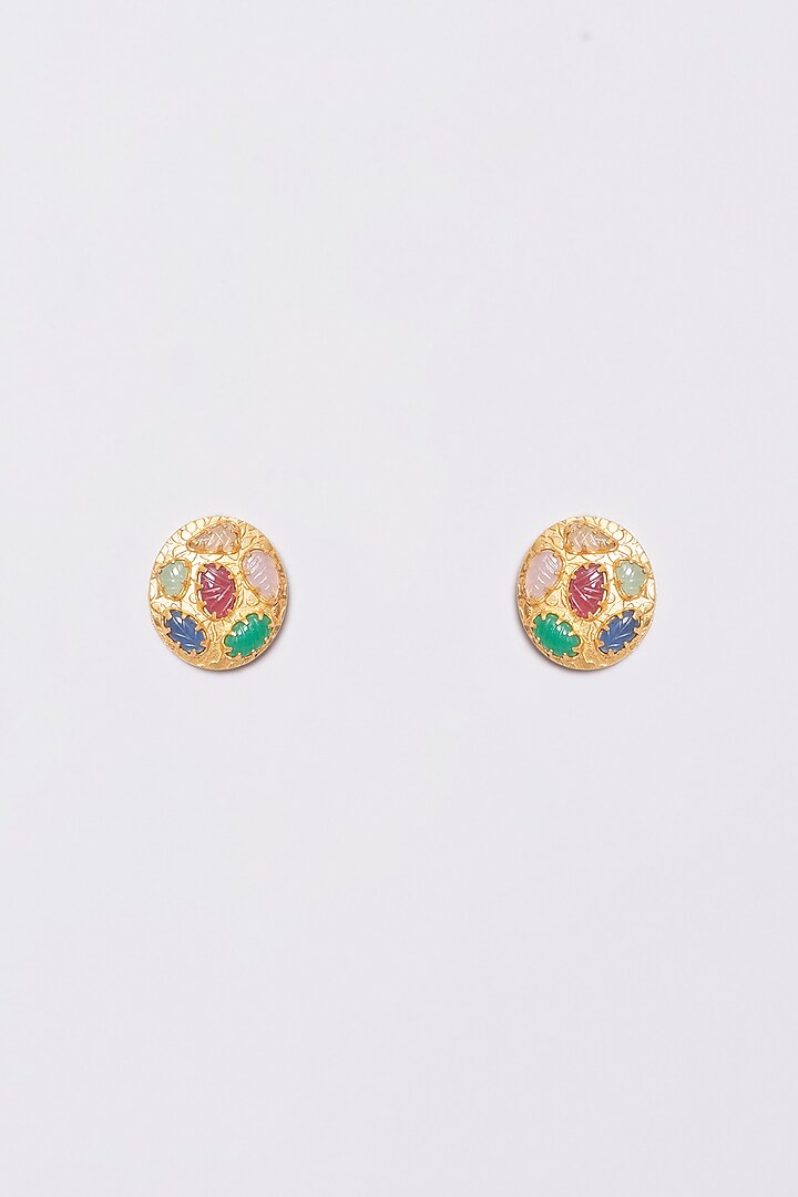 Gold Plated Navratna Stone Stud Earrings by Just Shraddha at Pernia's Pop Up Shop