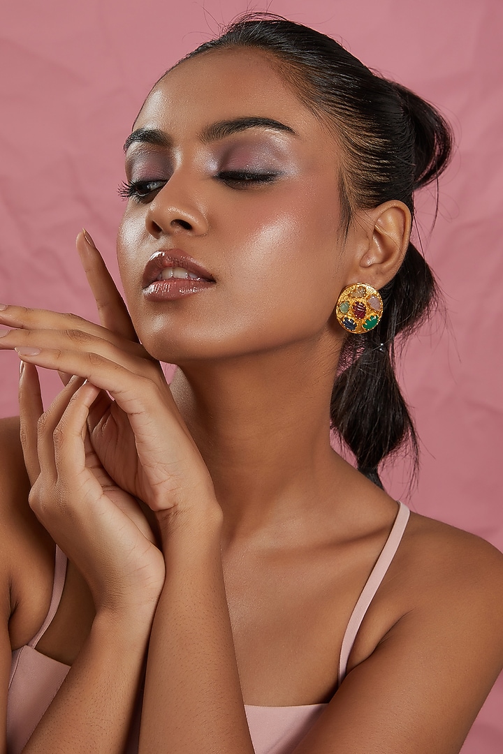 Gold Plated Navratna Stone Stud Earrings by Just Shraddha at Pernia's Pop Up Shop