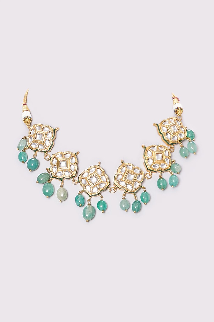 Gold Plated Kundan Polki & Green Bead Choker Necklace by Just Shraddha at Pernia's Pop Up Shop