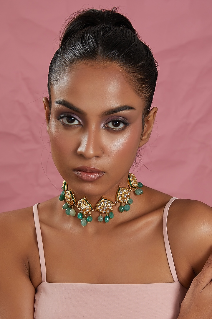 Gold Plated Kundan Polki & Green Bead Choker Necklace by Just Shraddha at Pernia's Pop Up Shop