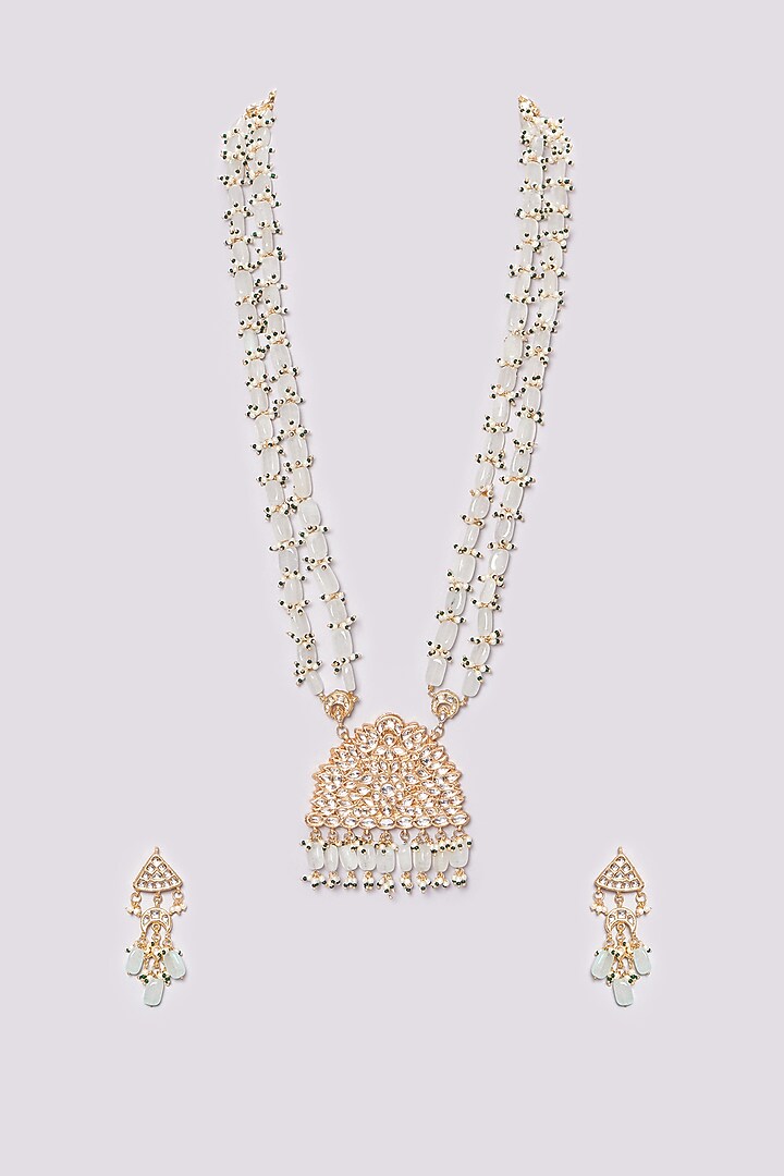 Gold Plated Kundan & Beaded Peacock Pendant Mala Necklace Set by Just Shraddha at Pernia's Pop Up Shop