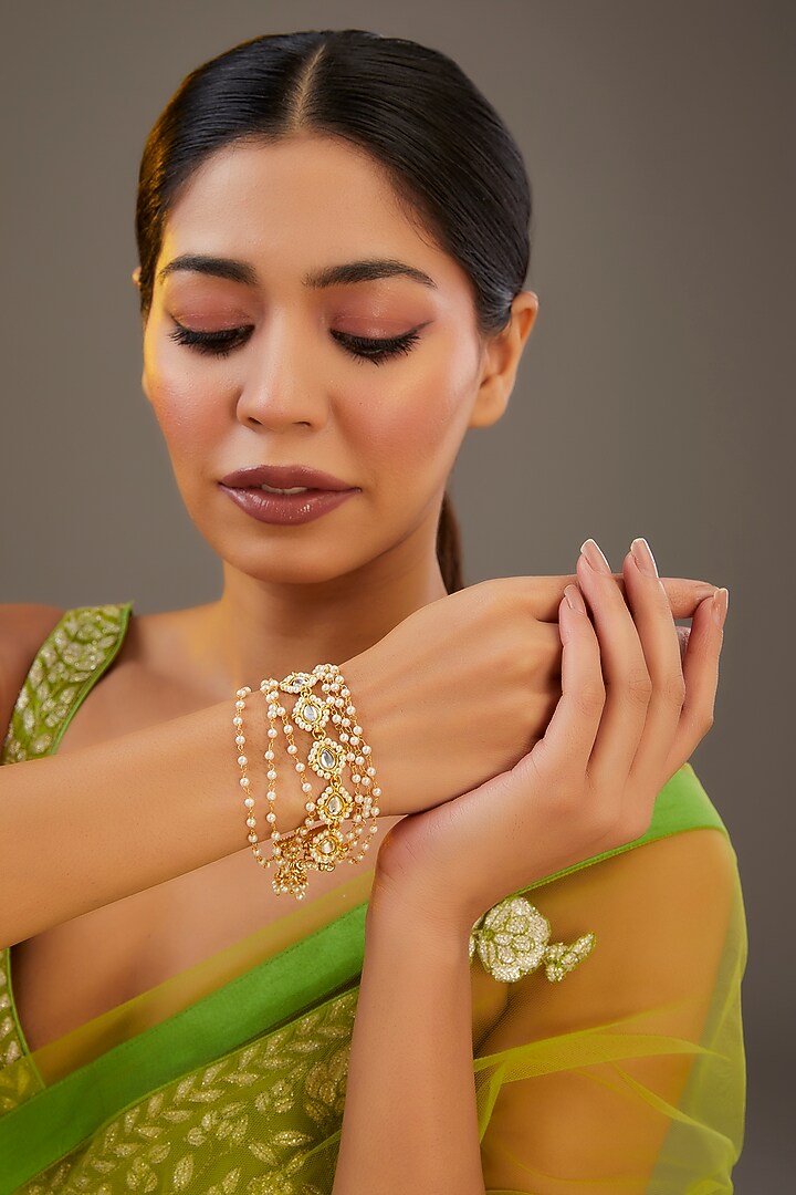 Gold Plated Kundan Polki & Pearl Bracelet by Just Shraddha at Pernia's Pop Up Shop