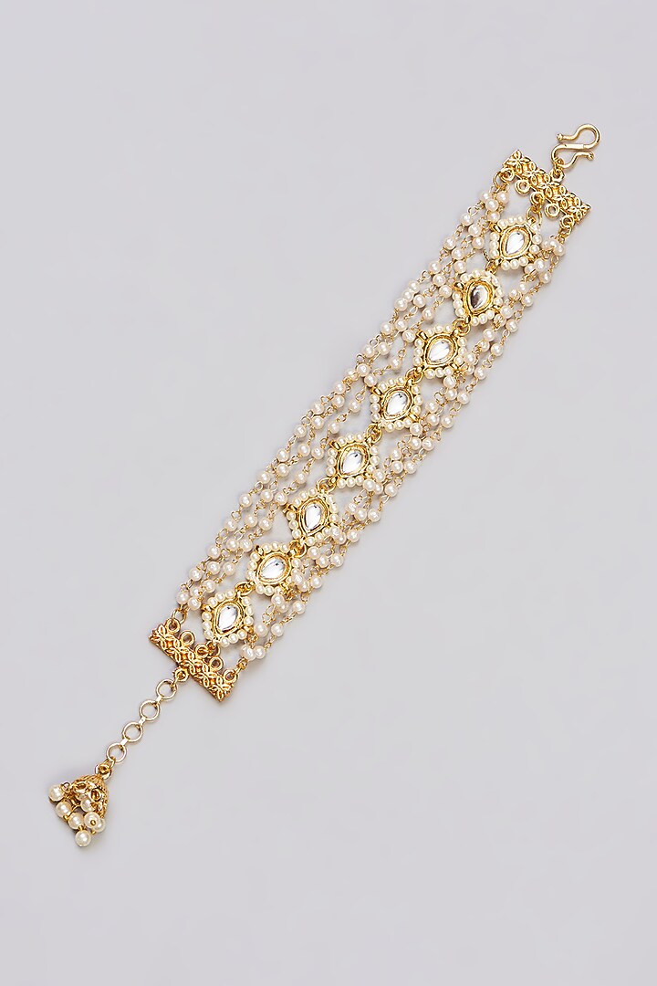 Gold Plated Kundan Polki & Pearl Bracelet by Just Shraddha at Pernia's Pop Up Shop