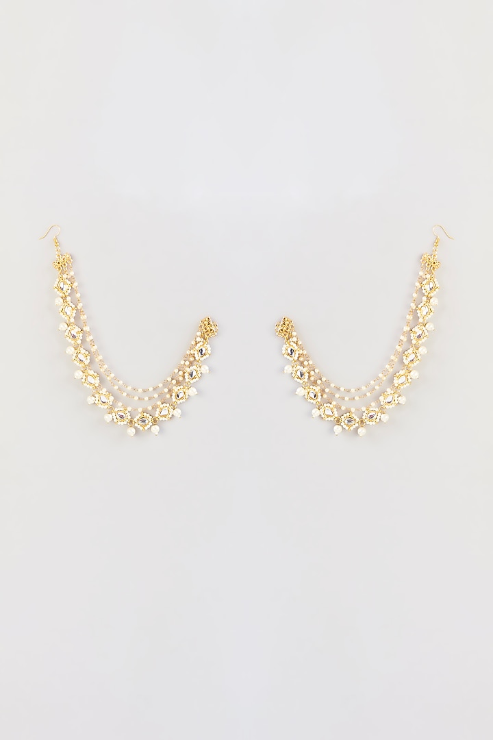 Gold Plated Kundan Polki & Pearl Kaanchain Earrings by Just Shraddha at Pernia's Pop Up Shop