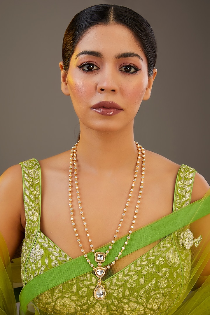 Gold Plated Kundan Polki & Pearl Layered Necklace by Just Shraddha at Pernia's Pop Up Shop