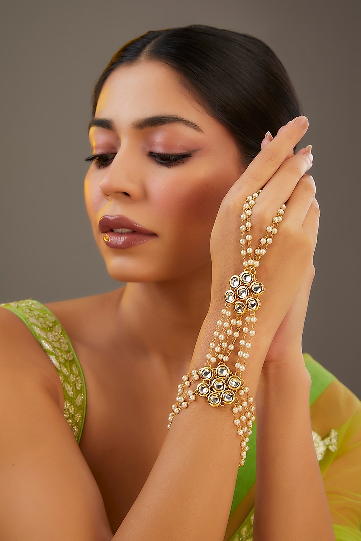 Gold Plated Kundan Polki & Pearl Handharness by Just Shraddha at Pernia's Pop Up Shop