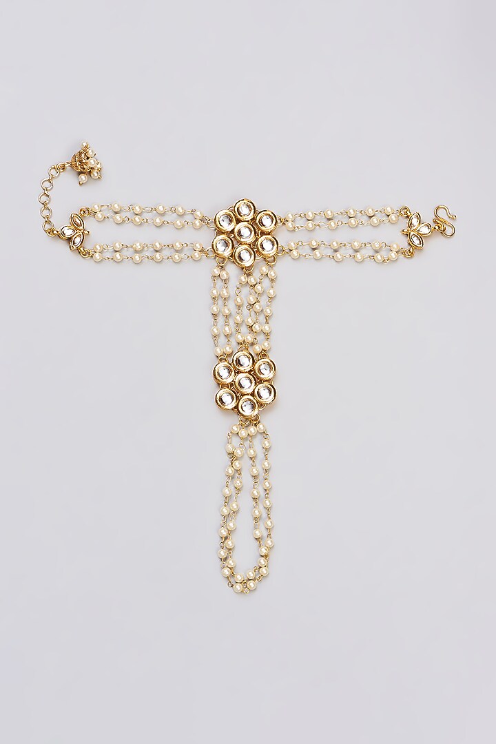 Gold Plated Kundan Polki & Pearl Handharness by Just Shraddha at Pernia's Pop Up Shop