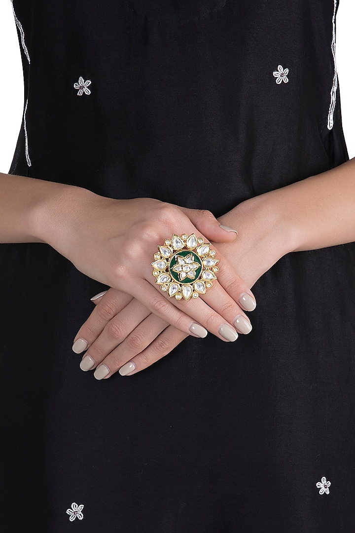 Gold Plated Emerald & Kundan Big Floral Ring by Just Shraddha