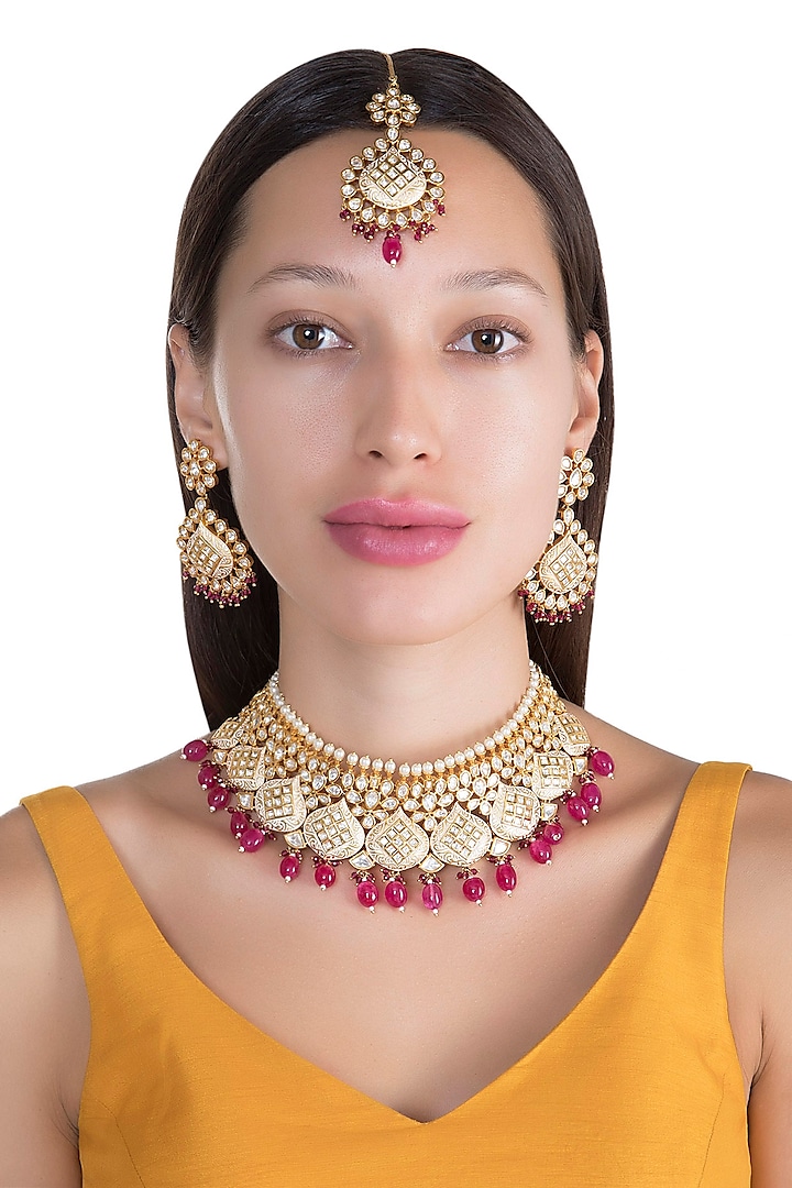 Gold Plated Polki & Ruby Necklace Set With Maang Tikka by Just Shraddha