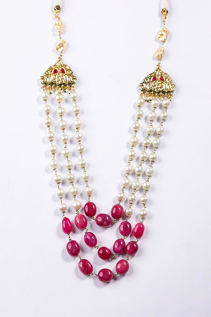Gold Plated Kundan Polki & Ruby Long Necklace by Just Shraddha at Pernia's Pop Up Shop