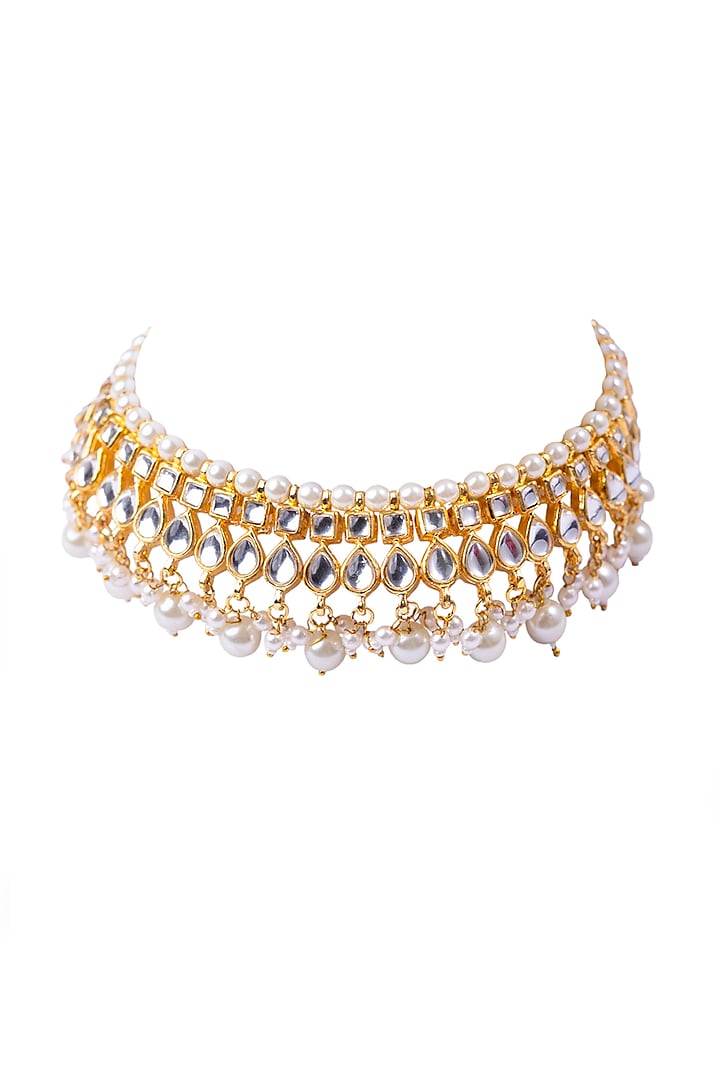 Gold Plated Kundan Polki & Pearl Choker Necklace by Just Shraddha