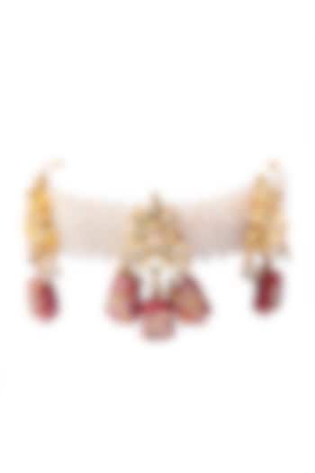 Gold Finish Kundan Polki & Pearl Choker Necklace by Just Shraddha