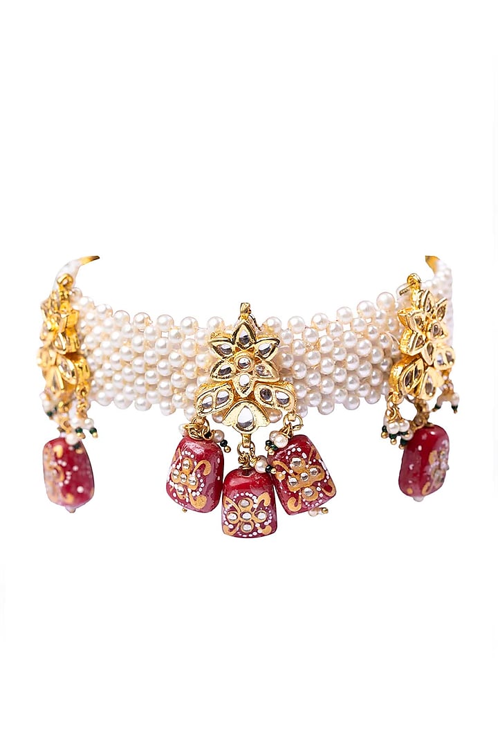 Gold Finish Kundan Polki & Pearl Choker Necklace by Just Shraddha