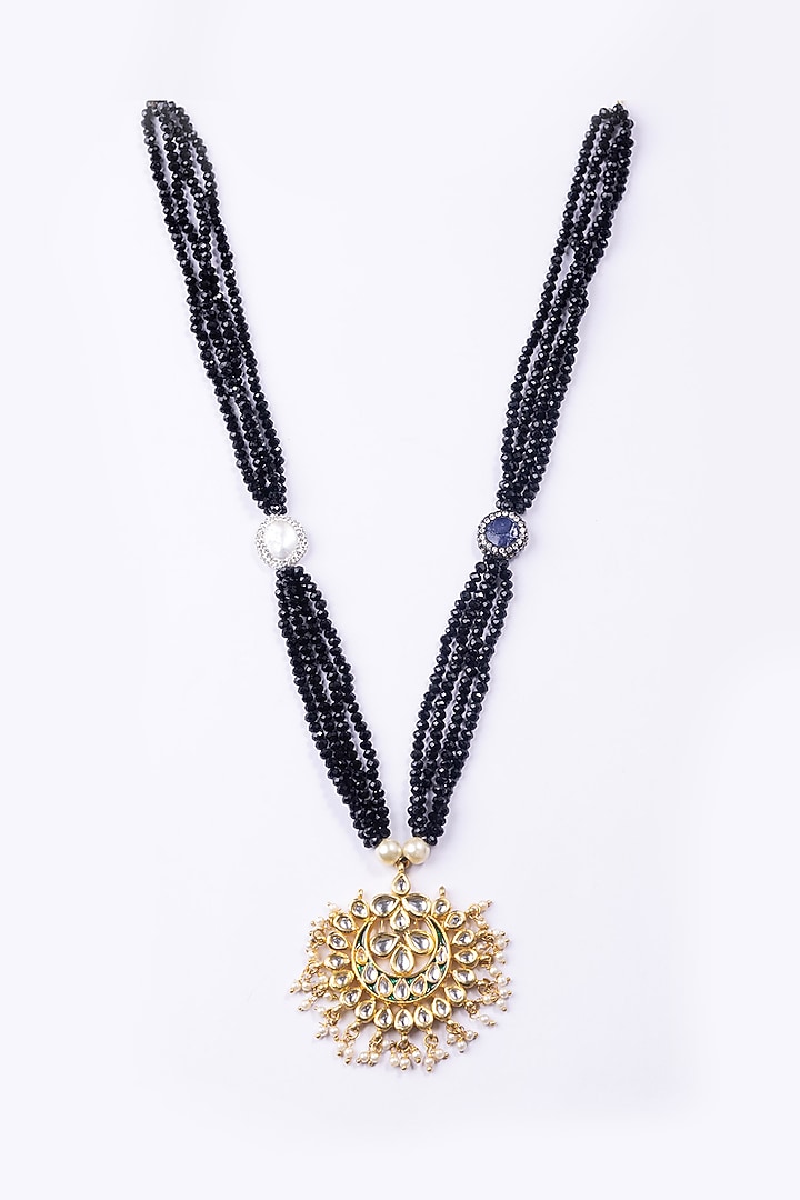 Gold Finish Kundan Polki & Black Beaded Long Necklace by Just Shraddha at Pernia's Pop Up Shop