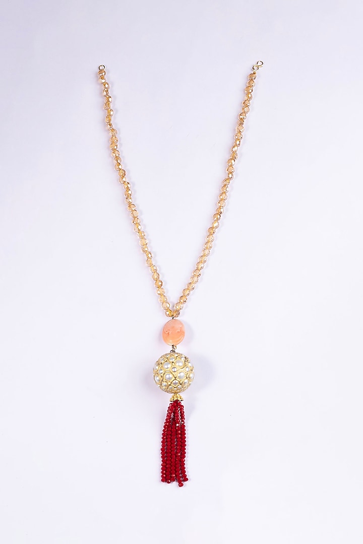 Gold Finish Pearl & Tassel Long Necklace by Just Shraddha