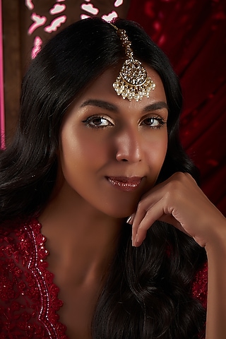 Gold Plated Kundan Polki & Pearl Maangtikka by Just Shraddha