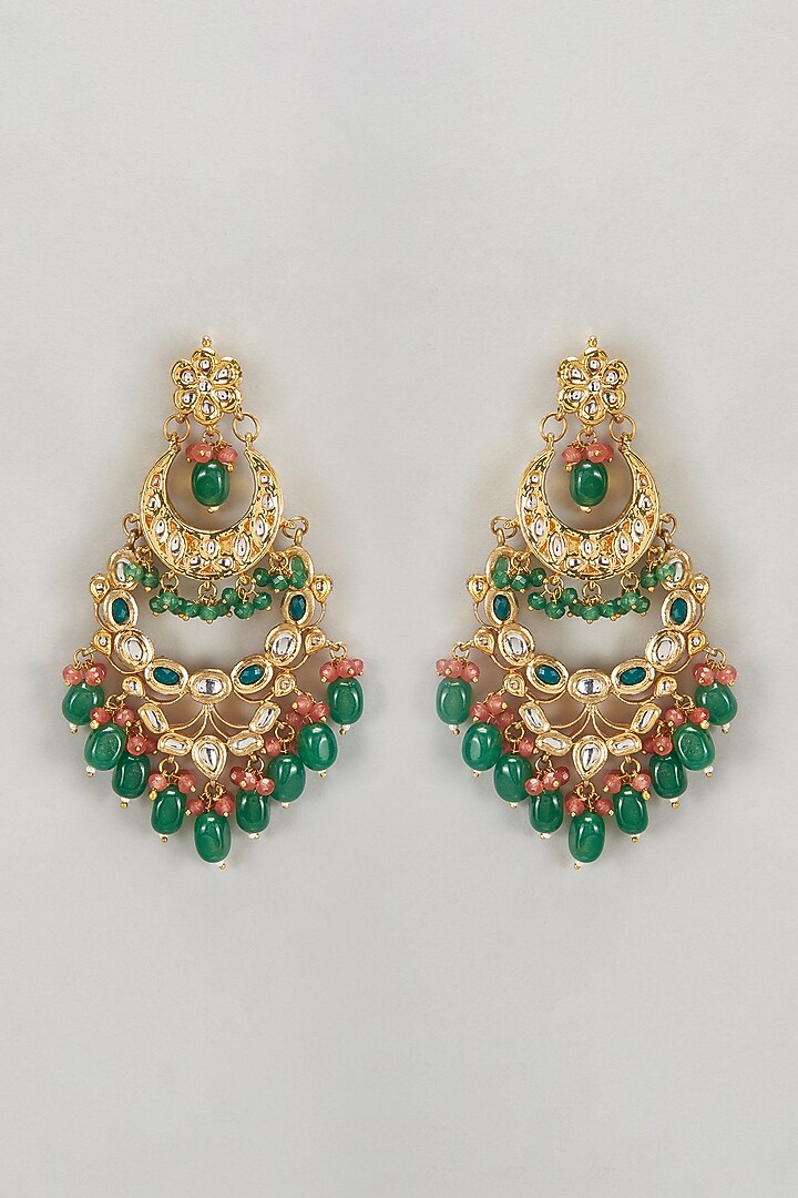 Gold Plated Kundan Polki & Pearl Chandbali Earrings by Just Shraddha at Pernia's Pop Up Shop