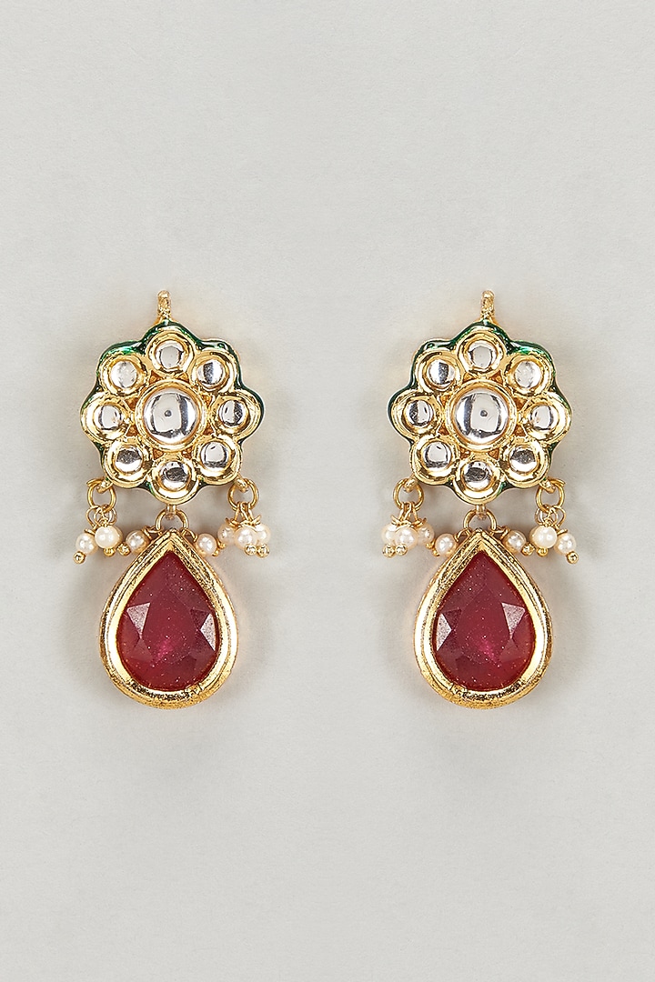 Gold Plated Kundan Polki & Pearl Meenakari Dangler Earrings by Just Shraddha at Pernia's Pop Up Shop