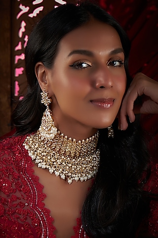 Gold Plated Kundan Polki & Pearl Choker Necklace Set by Just Shraddha