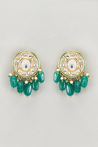 Gold Plated Kundan Polki & Green Bead Dangler Earrings by Just Shraddha