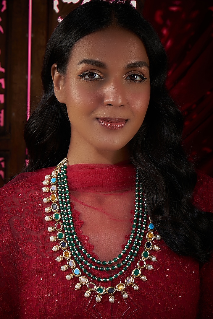 Gold Plated Green Beaded & Navratna Stone Long Necklace by Just Shraddha at Pernia's Pop Up Shop
