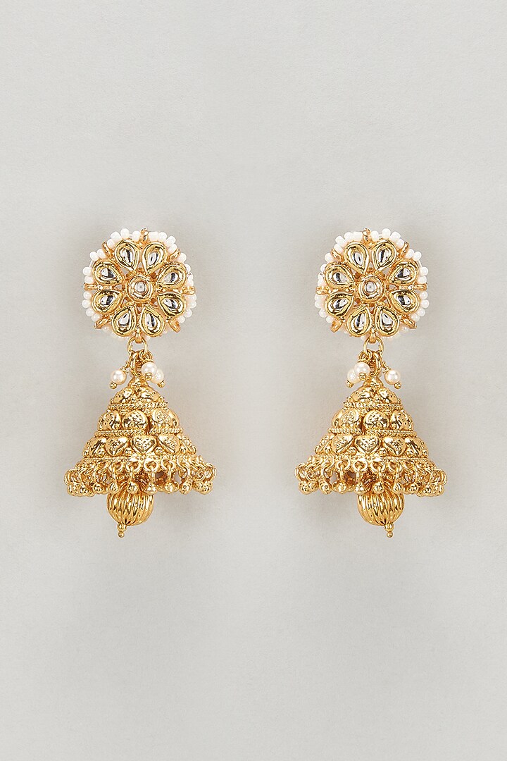 Gold Plated Kundan Polki Temple Jhumka Earrings by Just Shraddha at Pernia's Pop Up Shop